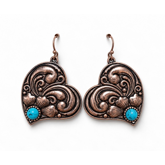 Jewelry - Western Heart Dangle Earrings Turquoise Copper Concho Cowgirl Southwestern